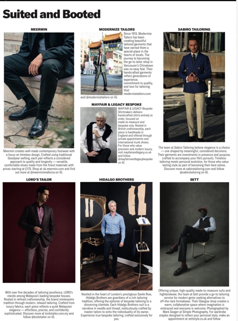 GQ Magazine March 2026"Suited and Booted" feature showcasing Mayfair & Legacy Bespoke and Made to Measure shirts.